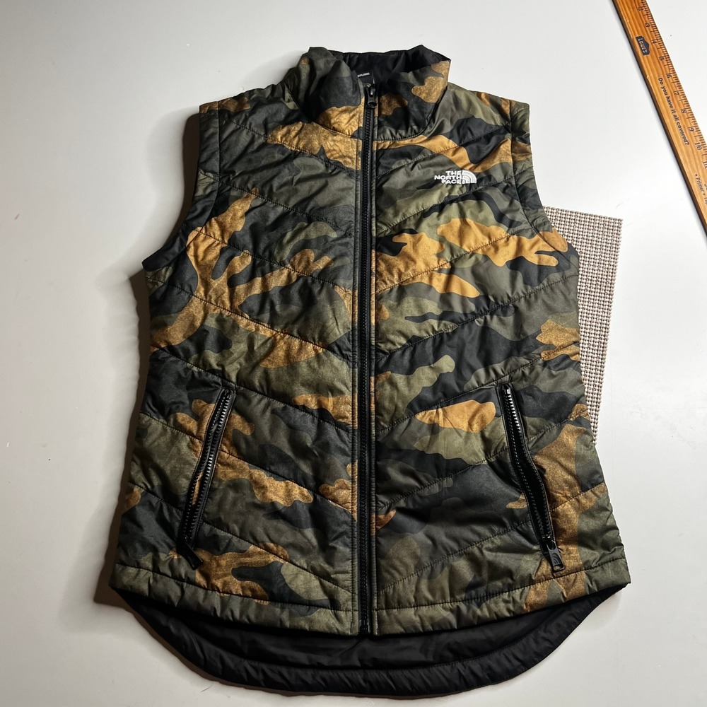 The North Face Womens Camo Puffer Vest Green Brown Quilted Full Zip Small